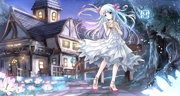 Anime picture 1874x1003 with original risutaru single long hair highres blue eyes wide image silver hair hair flower sparkle light scenic girl dress hair ornament flower (flowers) plant (plants) tree (trees) water shoes