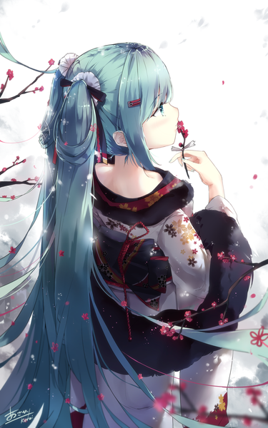 Anime-Bild 1274x2039 mit vocaloid hatsune miku asahi kuroi single tall image blush fringe blue eyes standing twintails holding signed payot blue hair looking away very long hair nail polish traditional clothes japanese clothes fingernails