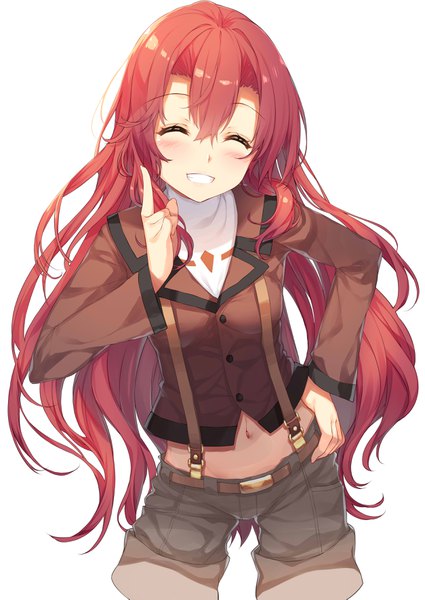 Anime picture 2507x3541 with original kurimu (yatsu) yappen single long hair tall image blush fringe highres simple background hair between eyes white background red hair eyes closed hand on hip ^ ^ clenched teeth mmm girl navel
