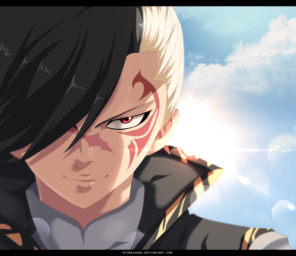 Anime picture 1600x1386 with fairy tail rogue cheney stingcunha single long hair fringe black hair smile red eyes sky cloud (clouds) white hair multicolored hair sunlight hair over one eye two-tone hair tattoo coloring facial mark letterboxed