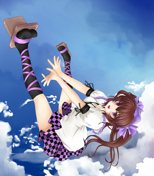 Anime picture 1024x1170 with touhou himekaidou hatate nekokotei single long hair tall image brown hair purple eyes sky cloud (clouds) checkered skirt girl skirt miniskirt