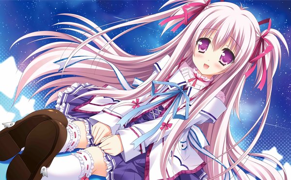 Anime picture 2894x1795 with sekai to sekai no mannaka de oumi kokoro moekibara fumitake single long hair looking at viewer blush highres open mouth wide image purple eyes white hair scan girl dress ribbon (ribbons) hair ribbon socks white socks