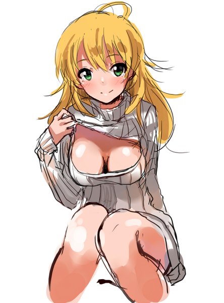 Anime picture 1000x1350 with idolmaster hoshii miki kurokin single long hair tall image looking at viewer blush breasts light erotic simple background blonde hair smile large breasts white background sitting green eyes bent knee (knees) girl turtleneck