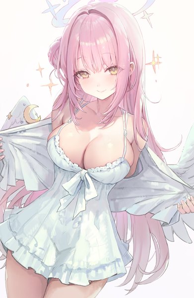Anime-Bild 3000x4607 mit blue archive mika (blue archive) freng single long hair tall image looking at viewer blush fringe highres breasts light erotic simple background smile large breasts standing white background yellow eyes payot pink hair