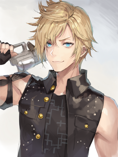 Anime picture 1000x1333 with final fantasy final fantasy xv square enix prompto argentum momoko (momopoco) single tall image looking at viewer short hair blue eyes blonde hair simple background smile holding upper body grey background portrait spiked hair boy gloves