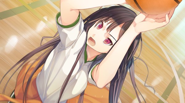 Anime picture 1280x720 with ima sugu onii-chan ni imouto da tte iitai! nanase matsuri akinashi yuu long hair open mouth black hair red eyes wide image twintails game cg basketball playing sports girl uniform gym uniform ball basketball ball