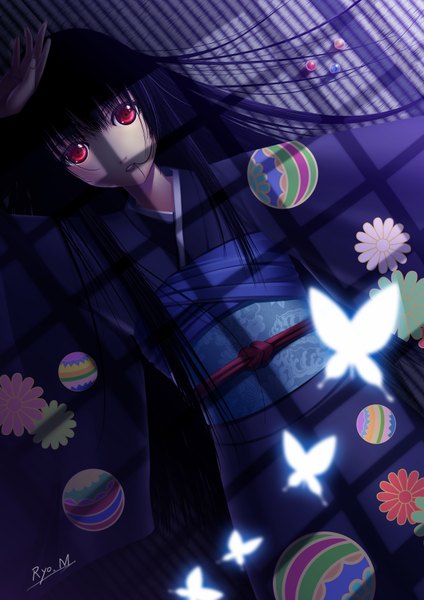 Anime picture 2480x3507 with hell girl studio deen enma ai minazuki ryou single long hair tall image highres black hair red eyes signed lying japanese clothes floral print girl kimono insect butterfly obi