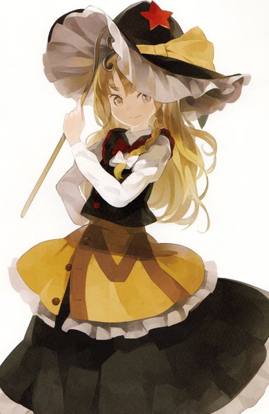 Anime picture 876x1346 with touhou kirisame marisa shihou (g-o-s) single long hair tall image looking at viewer simple background blonde hair smile white background yellow eyes braid (braids) hand on hip single braid adjusting hat girl skirt hat star (symbol)