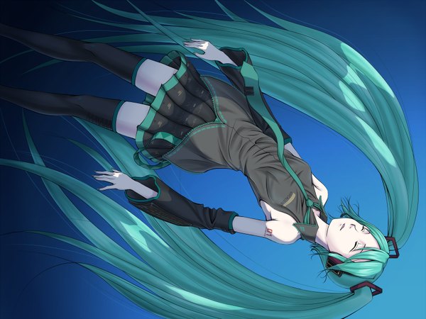 Anime picture 1600x1200 with vocaloid hatsune miku sukua long hair twintails girl thighhighs skirt necktie