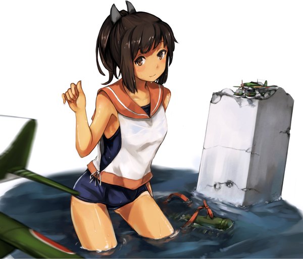 Anime picture 1700x1456 with kantai collection i-401 aircraft carrying submarine maki (maki pei) single looking at viewer blush short hair light erotic brown hair brown eyes ponytail girl swimsuit water one-piece swimsuit sailor suit school swimsuit aircraft airplane