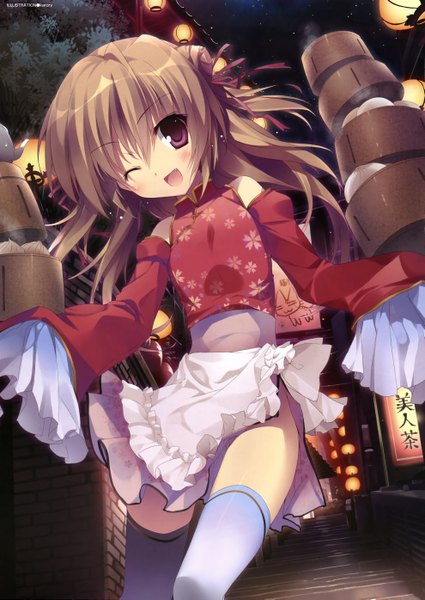 Anime picture 3955x5578 with original karory single long hair tall image looking at viewer blush highres open mouth red eyes brown hair bare shoulders absurdres one eye closed wink teeth fang (fangs) chinese clothes girl thighhighs