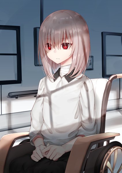Anime picture 1062x1505 with original piripun single tall image fringe short hair hair between eyes red eyes sitting looking away silver hair indoors shadow shaded face girl shirt white shirt bandage (bandages) hospital wheelchair