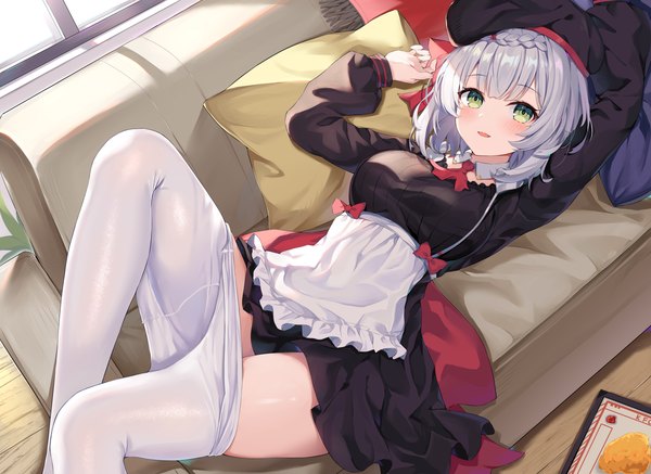 Anime picture 5870x4275 with genshin impact noelle (genshin impact) noelle (kfc) (genshin impact) hokori sakuni single looking at viewer blush fringe highres short hair open mouth light erotic smile green eyes absurdres silver hair bent knee (knees) indoors lying blunt bangs