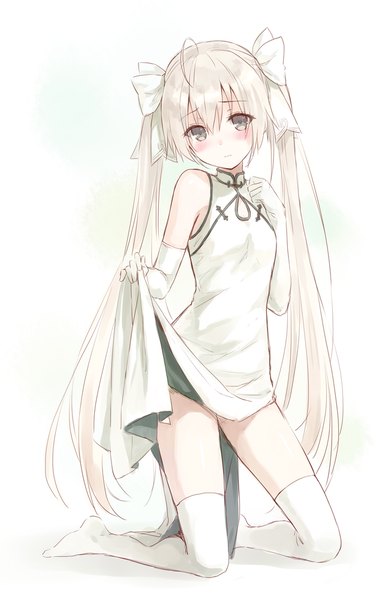 Anime picture 652x1000 with yosuga no sora kasugano sora hiten (hitenkei) single long hair tall image looking at viewer blush white background twintails bare shoulders silver hair chinese clothes silver eyes girl thighhighs dress gloves bow hair bow