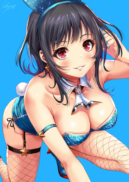 Anime picture 1000x1414 with kantai collection takao heavy cruiser sakiyamama single tall image looking at viewer blush fringe short hair breasts light erotic black hair simple background smile red eyes large breasts bare shoulders signed animal ears payot