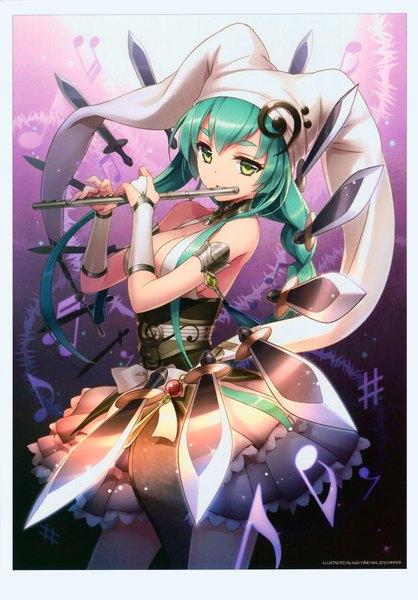 Anime picture 1448x2078 with original an2a single long hair tall image looking at viewer fringe bare shoulders green eyes braid (braids) green hair music girl dress weapon sword jewelry musical instrument musical note flute