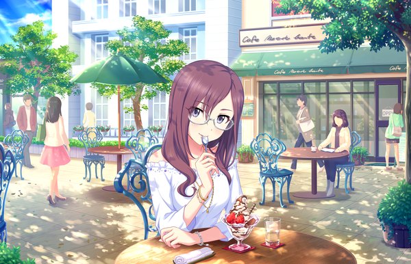 Anime picture 1280x824 with idolmaster idolmaster cinderella girls idolmaster cinderella girls starlight stage yagami makino long hair looking at viewer brown hair sitting purple eyes outdoors shadow solo focus eating girl plant (plants) tree (trees) glasses food bracelet sweets