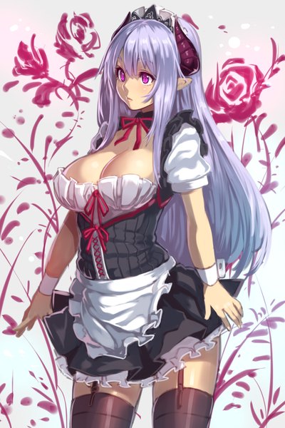 Anime picture 1000x1500 with original houtengeki single long hair tall image breasts light erotic large breasts purple eyes silver hair horn (horns) maid zettai ryouiki girl thighhighs dress black thighhighs headdress maid headdress