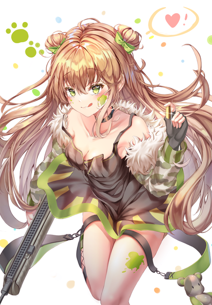 Anime picture 3384x4871 with girls frontline rfb (girls frontline) lujang (fudge) single long hair tall image looking at viewer blush fringe highres light erotic hair between eyes brown hair standing white background bare shoulders holding green eyes payot absurdres