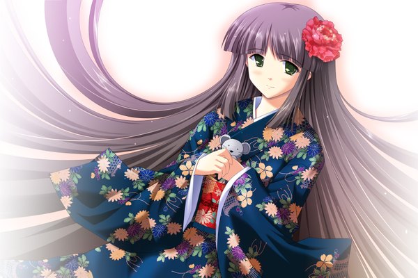 Anime picture 1600x1067 with ryoumoto ken long hair black hair simple background white background green eyes japanese clothes hair flower girl hair ornament flower (flowers) kimono mouse