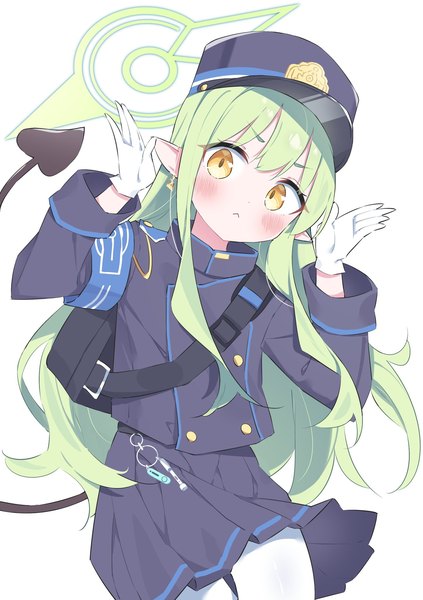 Anime picture 1443x2048 with blue archive hikari (blue archive) suta0822 single long hair tall image looking at viewer blush simple background white background yellow eyes tail head tilt green hair pointy ears arms up demon tail :< girl gloves