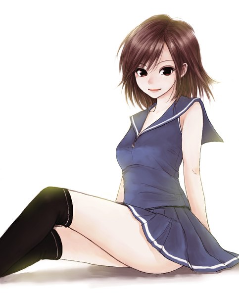 Anime picture 845x1050 with original erurodo (artist) single tall image looking at viewer short hair light erotic simple background brown hair white background sitting brown eyes pleated skirt light smile sleeveless girl thighhighs skirt uniform black thighhighs