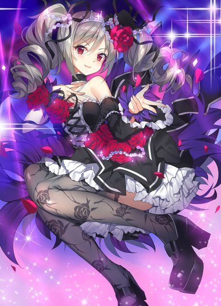 Anime picture 985x1363 with idolmaster idolmaster cinderella girls idolmaster cinderella girls starlight stage kanzaki ranko kikistark single long hair tall image looking at viewer fringe open mouth hair between eyes red eyes twintails bare shoulders payot bent knee (knees) grey hair sparkle high heels