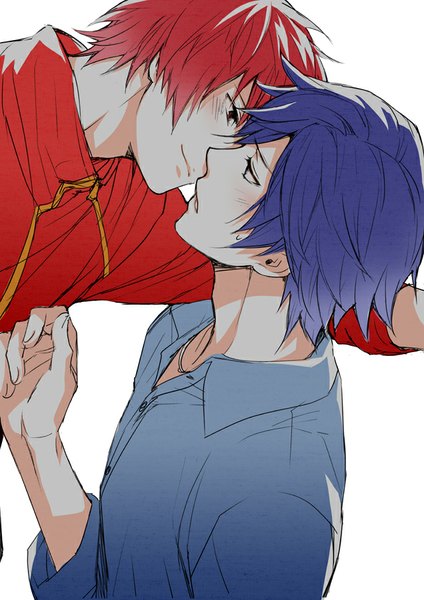 Anime picture 636x900 with uta no prince-sama a-1 pictures ichinose tokiya ittoki otoya ruru (ultimate powers) tall image blush short hair simple background red eyes white background blue hair red hair profile light smile multiple boys face to face shounen ai almost kiss boy