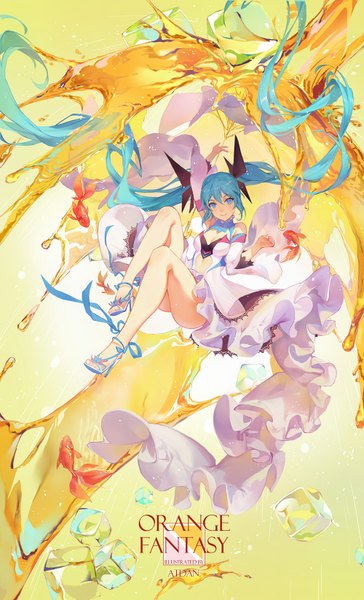 Anime picture 1000x1646 with vocaloid hatsune miku atdan single tall image looking at viewer twintails very long hair aqua eyes aqua hair girl dress animal water white dress fish (fishes) ice