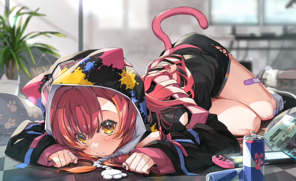 Anime picture 2140x1308 with virtual youtuber nintendo vspo! red bull nekota tsuna ruo single long hair looking at viewer blush fringe highres hair between eyes wide image animal ears yellow eyes red hair indoors tail lying