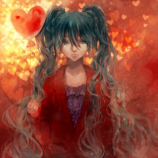 Anime picture 1024x1024 with original vocaloid hatsune miku tsukioka tsukiho single long hair fringe twintails aqua hair red background sad girl heart sweater balloon