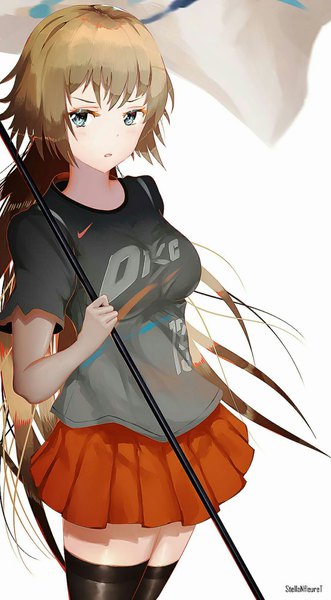 Anime picture 1080x1957 with fate (series) fate/apocrypha nike jeanne d'arc (fate) (all) jeanne d'arc (fate) stellanfleuret single long hair tall image looking at viewer fringe open mouth simple background brown hair standing white background holding signed pleated skirt aqua eyes