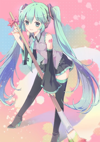 Anime picture 1000x1415 with vocaloid hatsune miku tiru (artist) single tall image looking at viewer blush smile twintails bare shoulders very long hair nail polish pleated skirt aqua eyes aqua hair girl bow detached sleeves thigh boots paintbrush