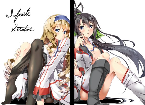 Anime picture 1663x1210 with infinite stratos 8bit cecilia orcott shinonono houki long hair blush breasts blue eyes light erotic black hair blonde hair sitting multiple girls ponytail open clothes open shirt drill hair girl thighhighs uniform