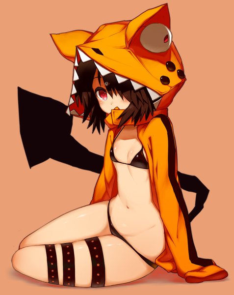 Anime picture 1000x1258 with original ruiten (artist) single tall image looking at viewer fringe short hair breasts light erotic simple background red eyes brown hair sitting full body long sleeves hair over one eye groin flat chest covered mouth animal hood