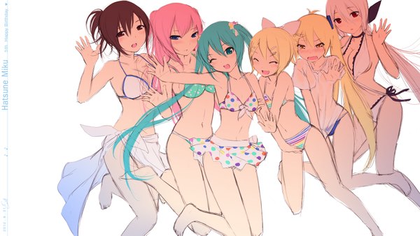 Anime picture 1920x1083 with project diva project diva f vocaloid hatsune miku megurine luka kagamine rin meiko yowane haku akita neru cait long hair looking at viewer blush highres short hair breasts open mouth blue eyes light erotic simple background