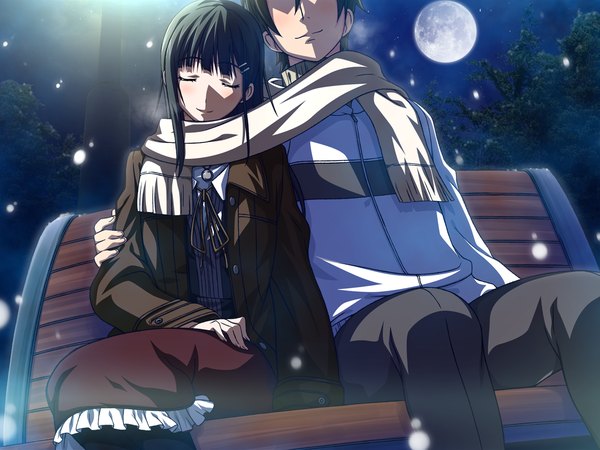 Anime picture 1280x960 with remember black hair smile game cg eyes closed couple snowing winter shared scarf girl boy jacket scarf moon full moon