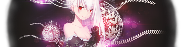 Anime picture 1200x310 with fate (series) fate/stay night type-moon sonicogfx single long hair looking at viewer fringe breasts red eyes wide image bare shoulders cleavage white hair head tilt light smile wallpaper girl gloves earrings