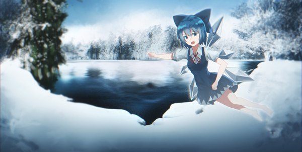 Anime picture 2772x1396 with touhou cirno leng (lengsiren) single looking at viewer fringe highres short hair open mouth blue eyes hair between eyes wide image blue hair barefoot blurry short sleeves puffy sleeves winter snow flying
