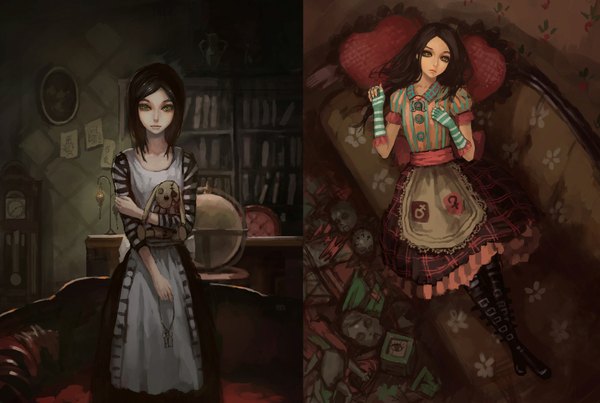 Anime picture 1898x1277 with american mcgee's alice (game) alice: madness returns alice (american mcgee's) gjred long hair highres black hair lying striped girl gloves boots pillow fingerless gloves apron toy stuffed animal couch paper shelf