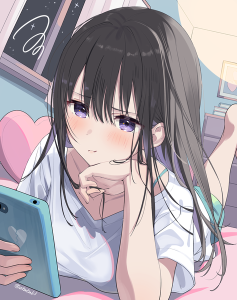 Anime picture 3001x3801 with original akamoku single long hair tall image blush fringe highres black hair hair between eyes purple eyes holding signed looking away absurdres indoors lying short sleeves twitter username on stomach