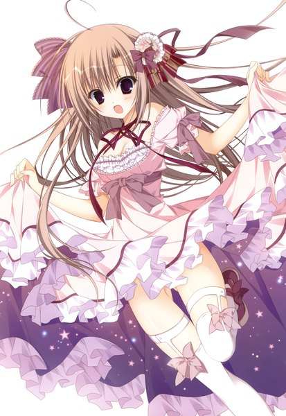 Anime picture 2413x3500 with inugami kira single long hair tall image blush highres open mouth light erotic brown hair purple eyes scan girl thighhighs dress ribbon (ribbons) hair ribbon white thighhighs