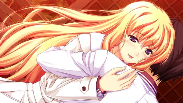 Anime picture 1280x720 with koi mekuri clover niina ayami amasaka takashi long hair blush blonde hair smile wide image purple eyes game cg hug girl