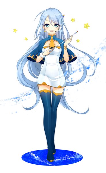 Anime picture 1300x2120 with shiro mayu single long hair tall image blue eyes simple background smile white background blue hair girl star (symbol) thigh boots suit