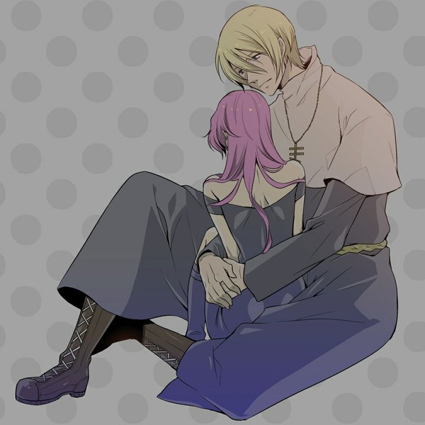 Anime picture 1000x1000 with arakawa under the bridge shaft (studio) sister (arakawa) maria (arakawa) long hair short hair blue eyes blonde hair sitting bare shoulders pink hair from behind grey background couple hug back polka dot sad polka dot background girl