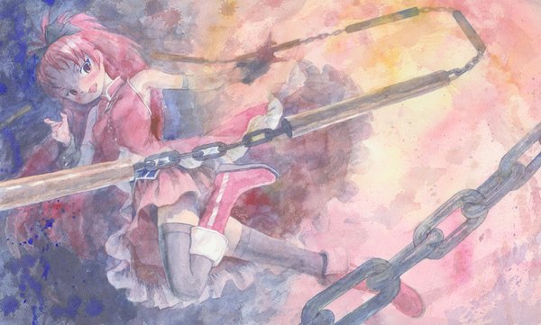 Anime picture 1468x885 with mahou shoujo madoka magica shaft (studio) sakura kyouko misawa hiroshi single long hair blush open mouth red eyes wide image ponytail red hair traditional media watercolor (medium) girl thighhighs bow black thighhighs hair bow detached sleeves