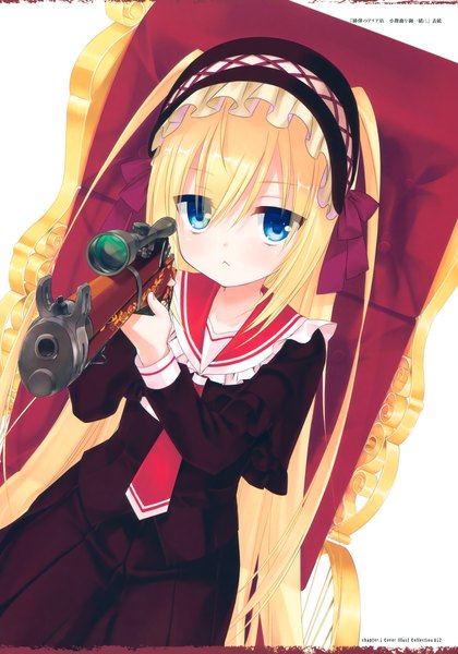 Anime picture 2661x3800 with hidan no aria minuet holmes kobuichi single tall image looking at viewer highres blue eyes blonde hair scan loli girl dress weapon gun lolita hairband