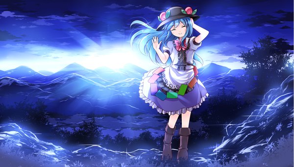 Anime picture 2205x1254 with touhou hinanawi tenshi risutaru single long hair blush fringe highres smile wide image standing blue hair cloud (clouds) outdoors eyes closed head tilt wind sunlight night short sleeves