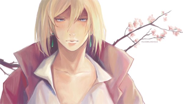 Anime picture 1500x857 with howl's moving castle studio ghibli howl felicemelancholie single short hair blue eyes simple background blonde hair wide image white background signed cherry blossoms open collar boy earrings