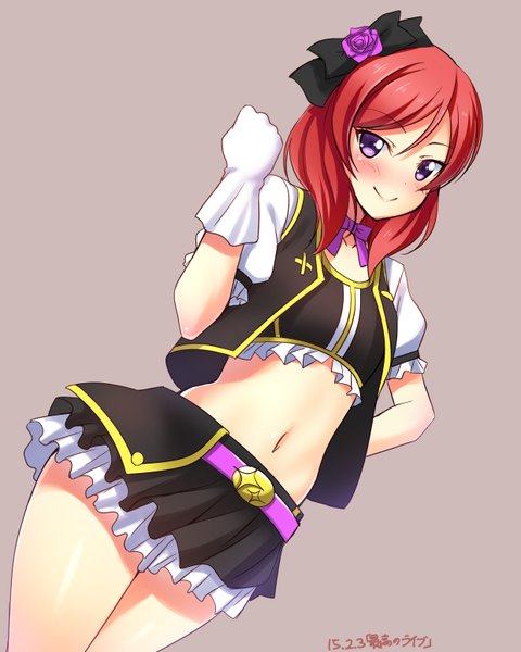 Anime picture 1240x1550 with love live! school idol project sunrise (studio) love live! nishikino maki yu-ta single tall image looking at viewer blush short hair smile purple eyes red hair grey background girl skirt gloves navel miniskirt white gloves